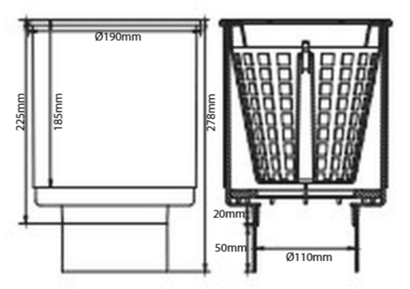 Skimmer  Ø190mm | m/Oppsamler for Ø110mm Rør