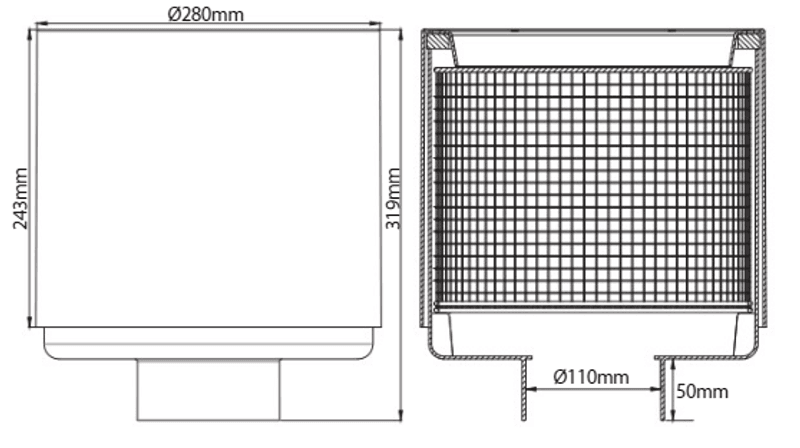 Skimmer XL Ø300mm | m/Oppsamler for Ø110mm Rør
